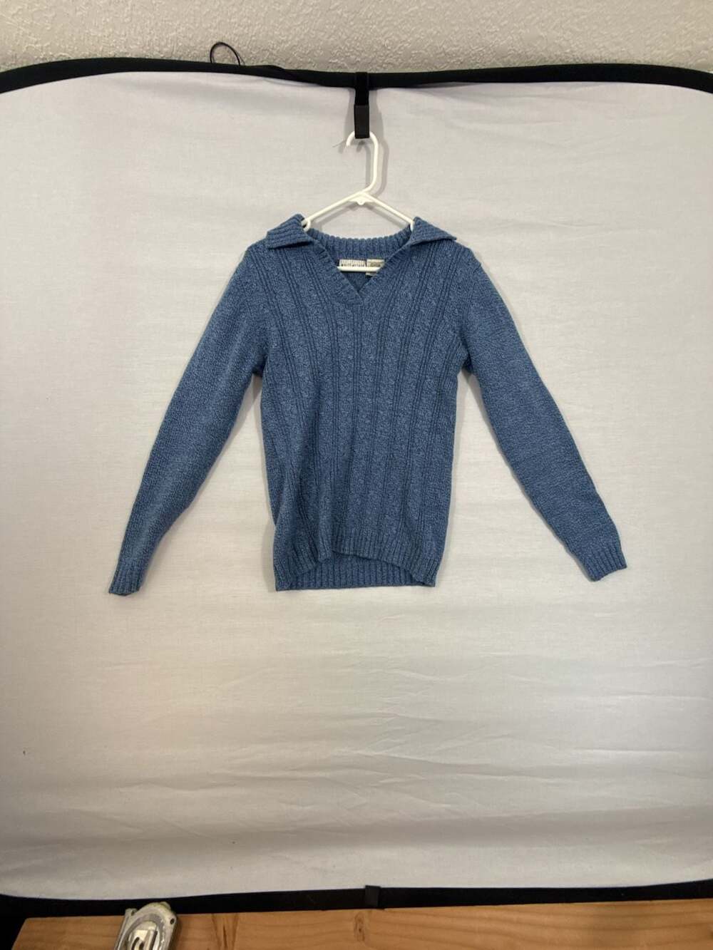 White Stag Vintage Blue Textured Knit V-Neck Collared Sweater Size XL 16/18